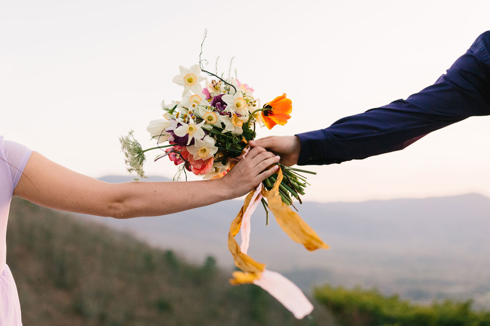 Engaged Couple with a Bouquet on a Mountaintop Devil's Marbleyard VA