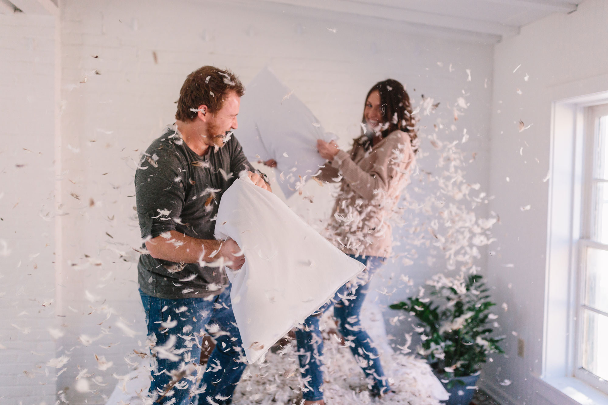 Engaged Couple Pillow Fighting Hingework INC PA