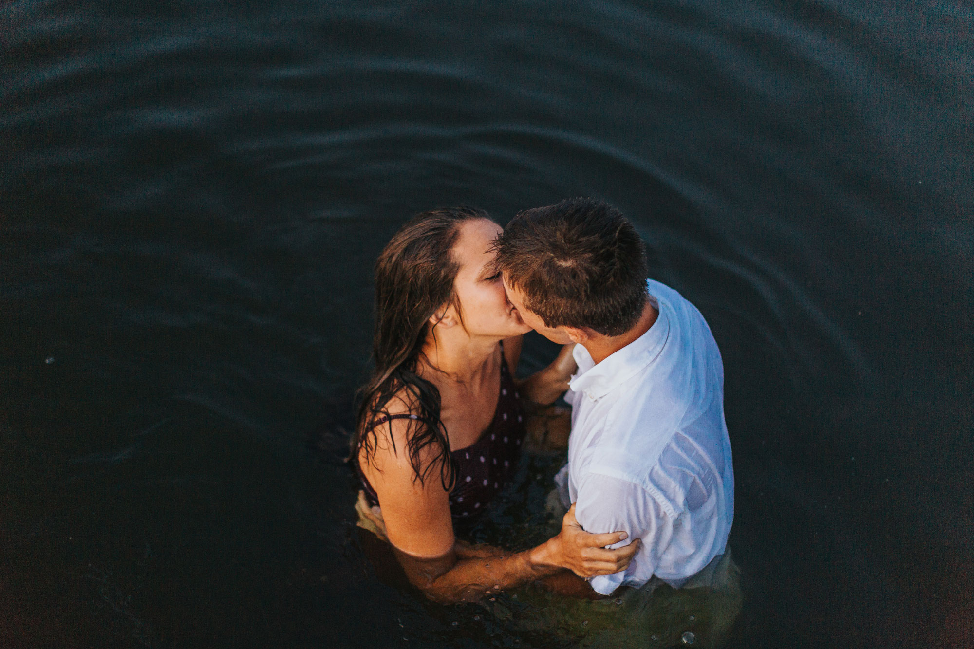 Engaged Couple Kissing in Water Montour Perserve PA