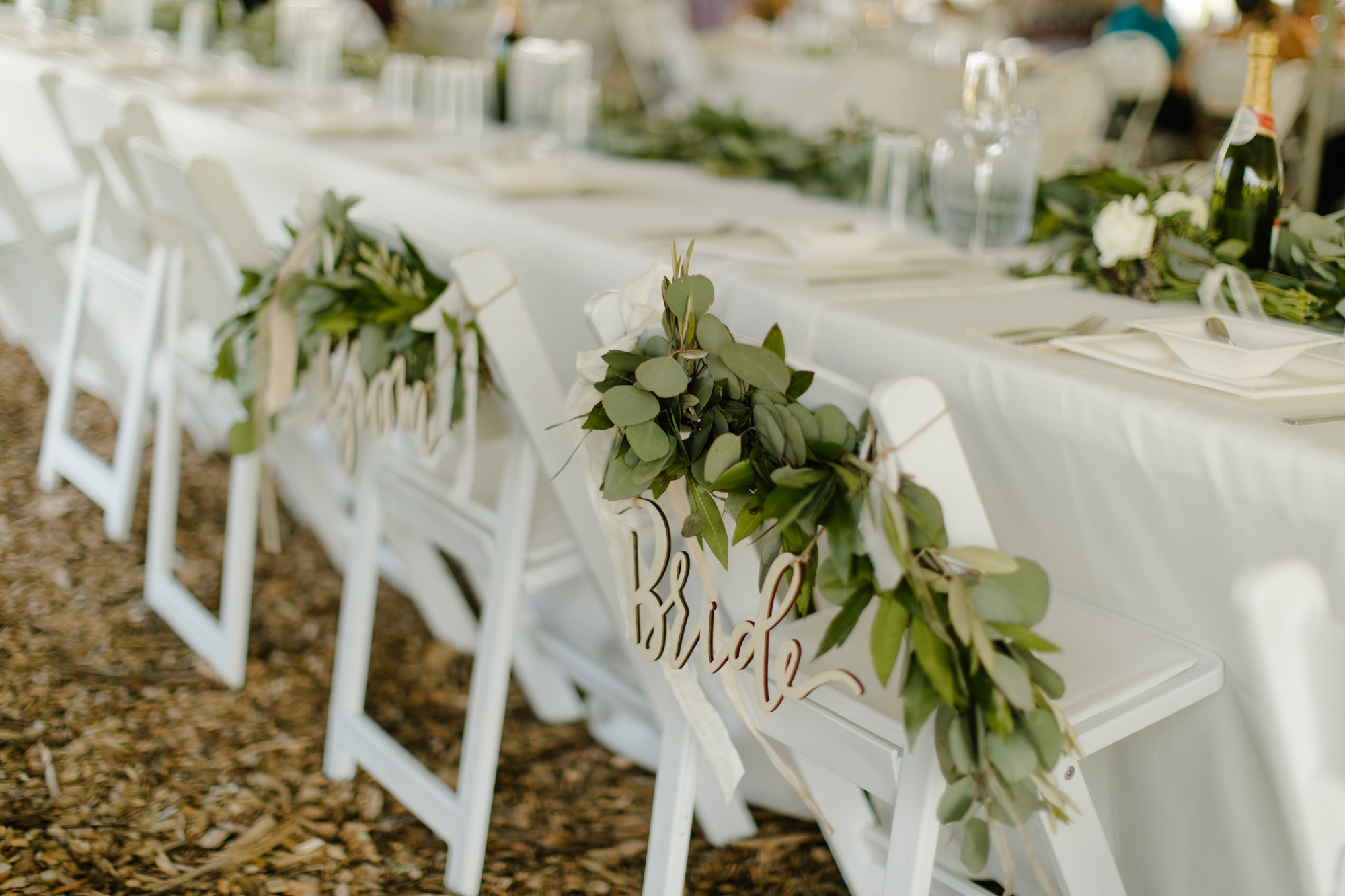 Reception Details Greenery Bride and Groom Chairs